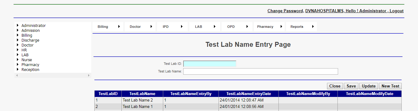 DVNA Hospital Management Software Test Lab Name Entry Page